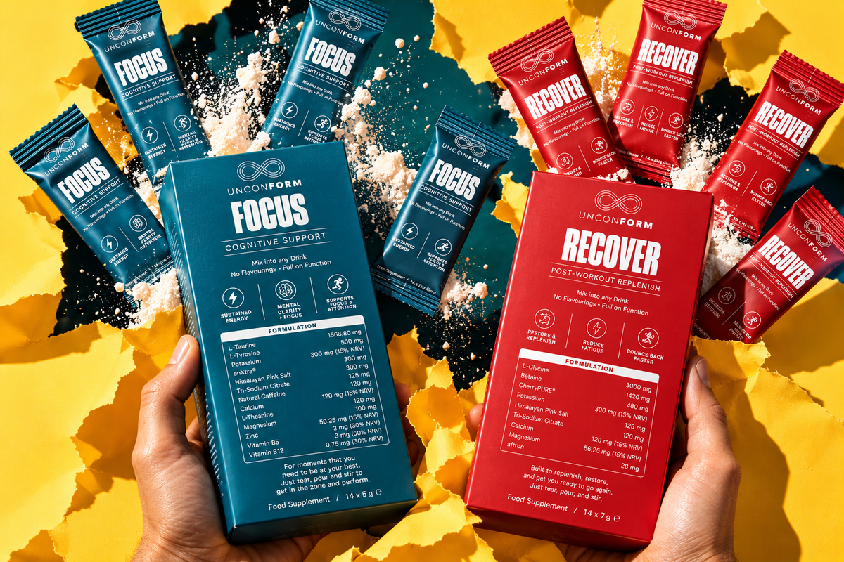 The Starter Box open on a desk in the morning, a Focus stick being torn over a glass